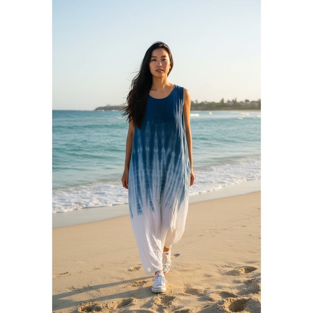 Cloth & Stone Blue Ombre Tie Dye Maxi Tank Dress L Oversized Made USA Boho - Picture 2 of 15